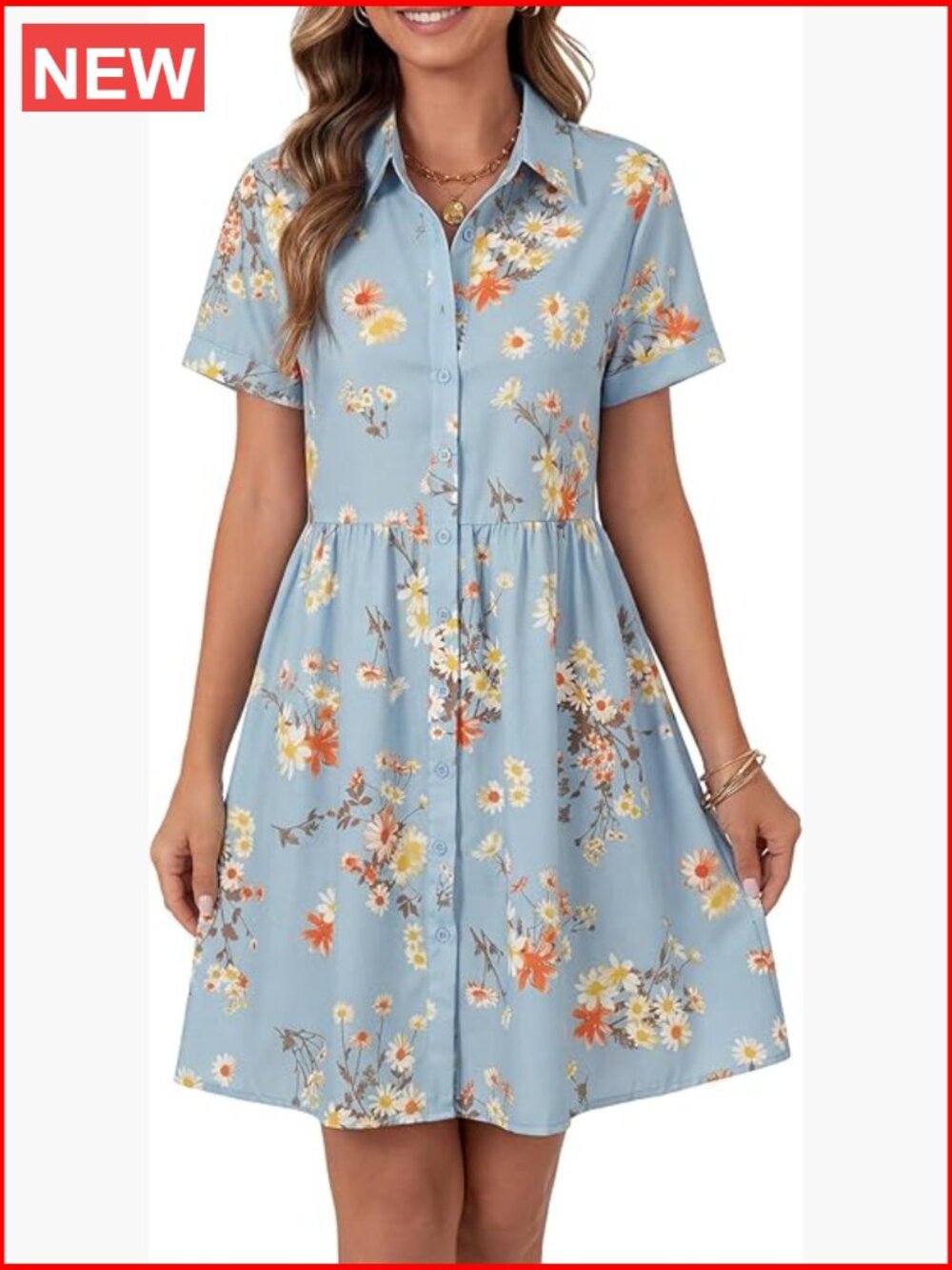 Women's Striped Button Down Collared Short Sleeve Fit & Flare Mini Dress